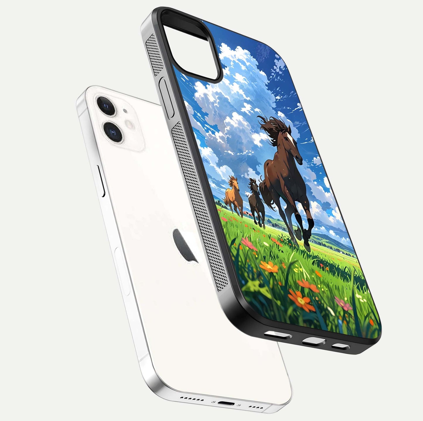 Majestic Horses Galloping Glass Case for iphone-12 floating dual-view mockup showing gloss texture and vivid tones