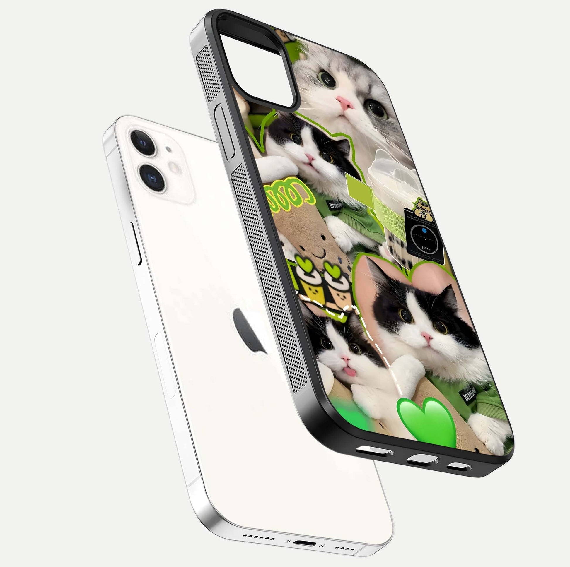 Matcha Cats Mood Glass Case for iphone-12 floating dual-view mockup showing HD gloss surface and soft tones