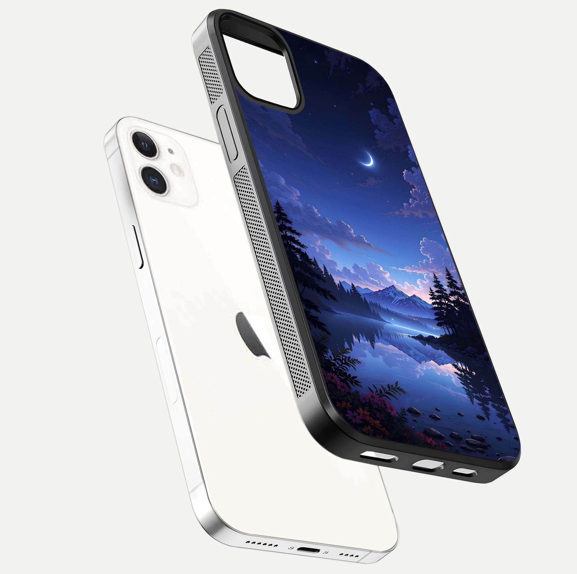 Midnight Lake Peace Glass Case for iphone-12 floating dual-view mockup showing gloss finish and peaceful art