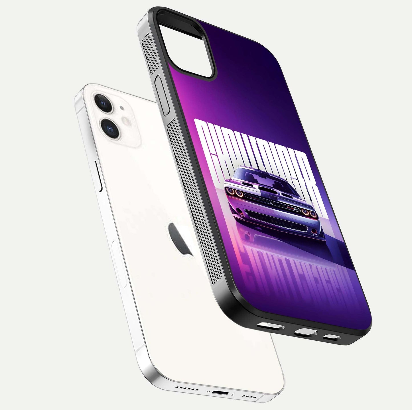 Midnight Muscle Ride Glass Case for iphone-12 floating dual-view mockup showing glossy finish and shine depth
