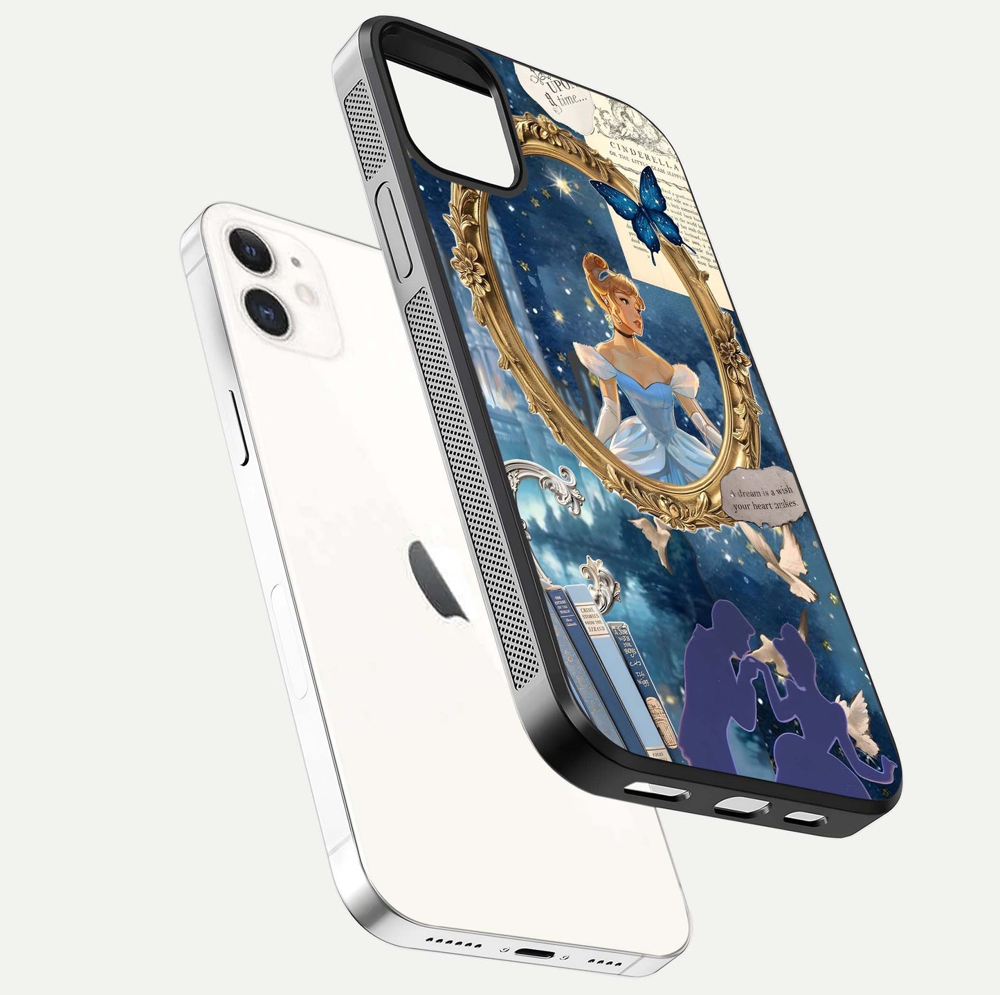 Midnight Queen Glass Case for iphone-12 floating dual-view mockup showing HD glass shine and luxury art