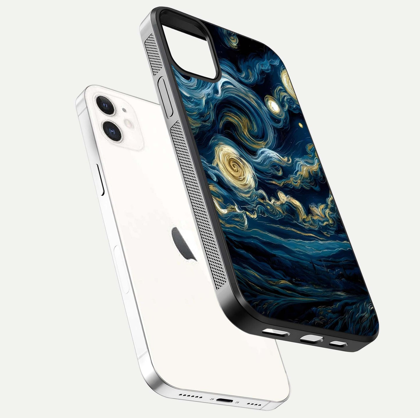 Midnight Sky Whirl Glass Case for iphone-12 floating dual-view mockup showing gloss texture and shine