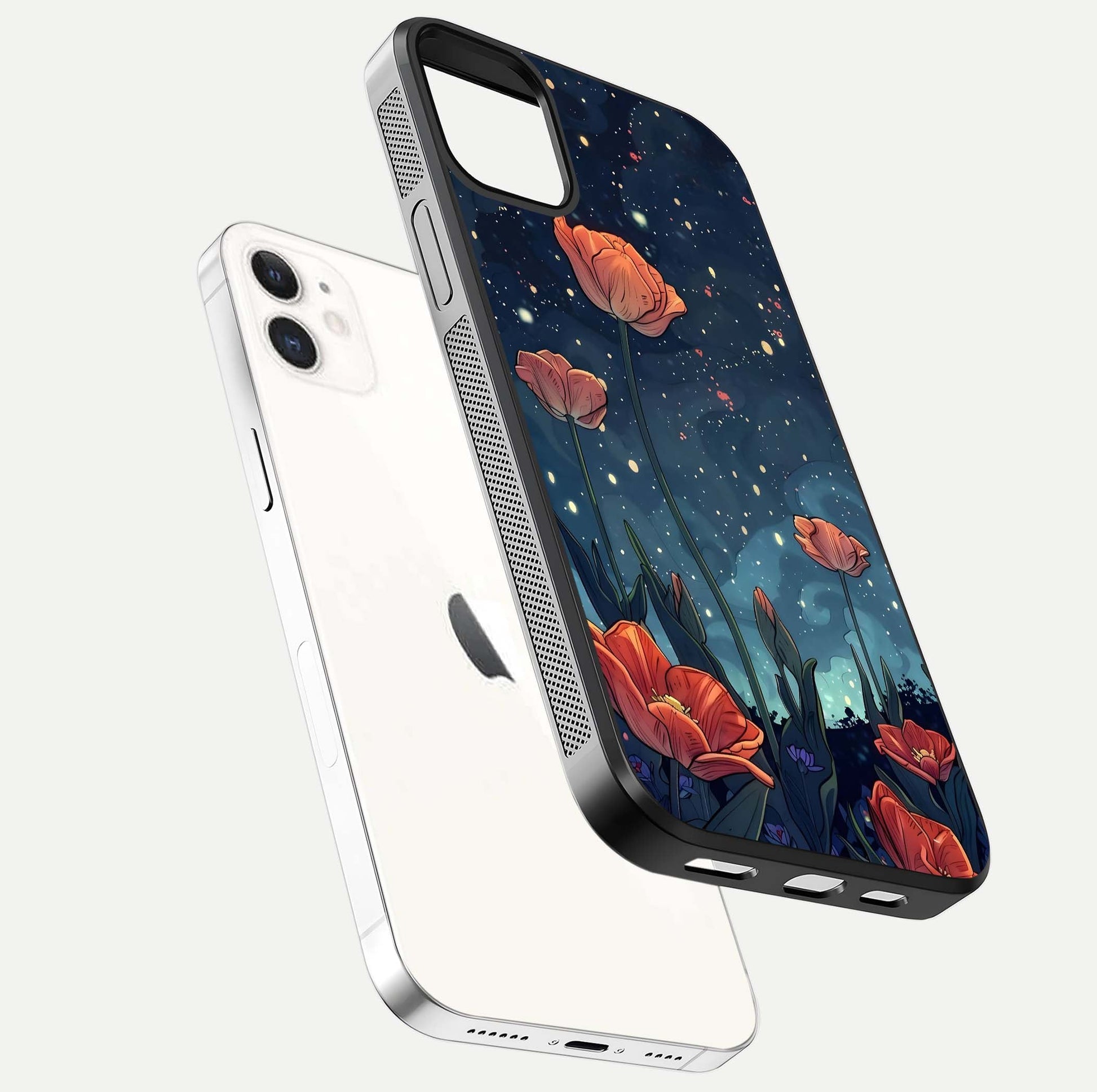 Midnight Tulip Glow Glass Case for iphone-12 floating dual-view mockup showing HD gloss and tulip tone