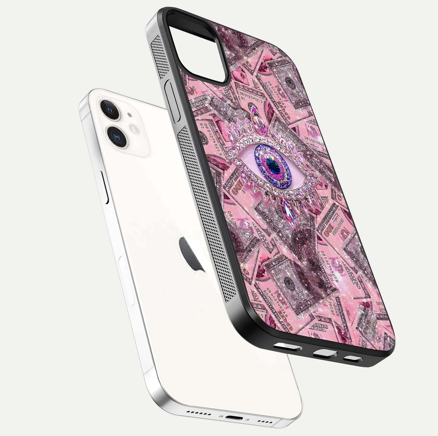 Money Eye Luxe Glass Case for iphone-12 floating dual-view mockup showing gloss surface and premium look
