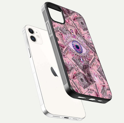 Money Eye Luxe Glass Case for iphone-12 floating dual-view mockup showing gloss surface and premium look