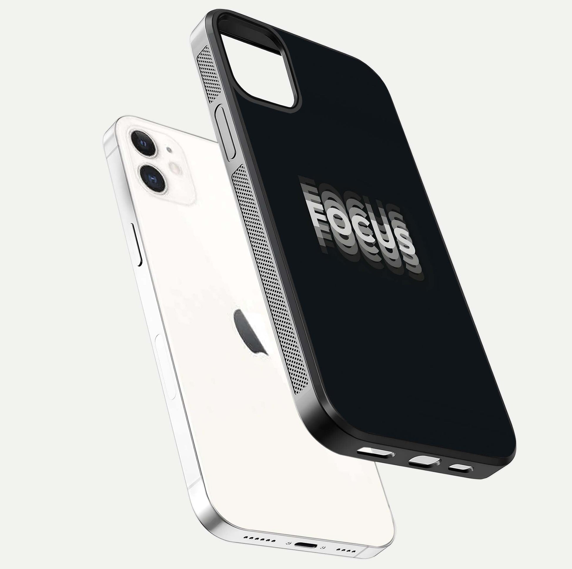 Mono Focus Vision Glass Case for iPhone 12 Mini floating dual-view mockup showing HD gloss and elegant simplicity