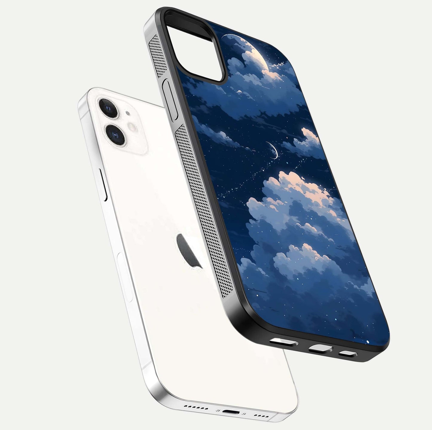 Moon Dream Haze Glass Case for iphone-12 floating dual-view mockup showing gloss texture and calm tones