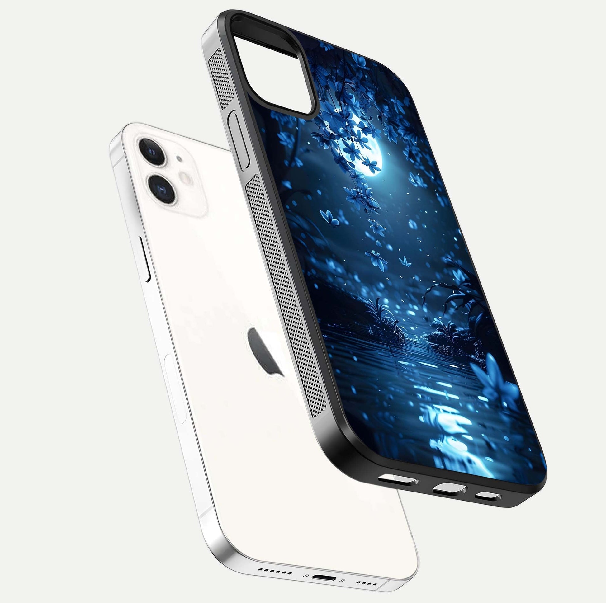 Moonlight Petal Dream Glass Case for iphone-12 floating dual-view mockup showing HD gloss and dreamy art