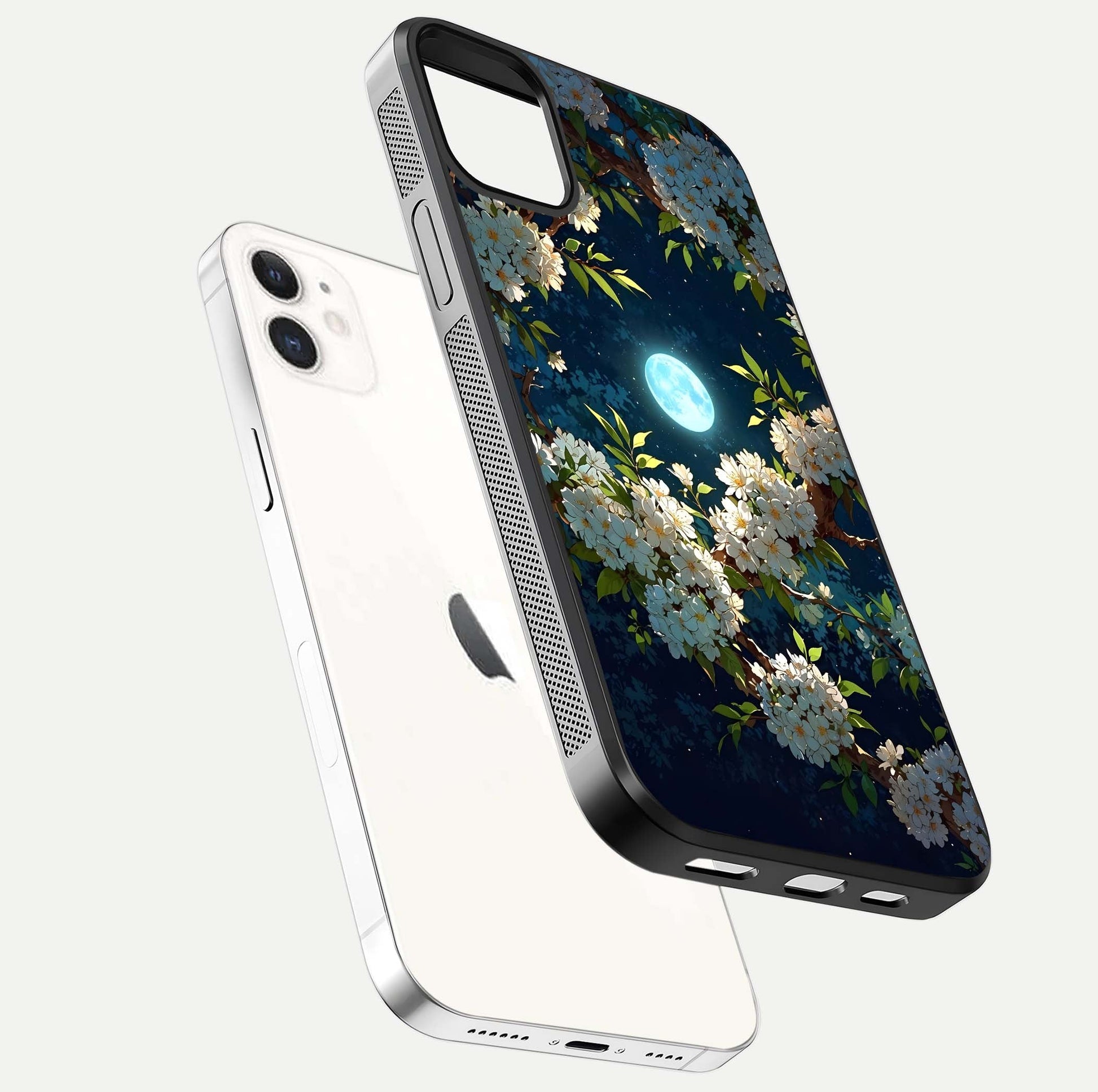 Moonlit Blossom Dream Glass Case for iphone-12 floating dual-view mockup showing gloss texture and floral tone