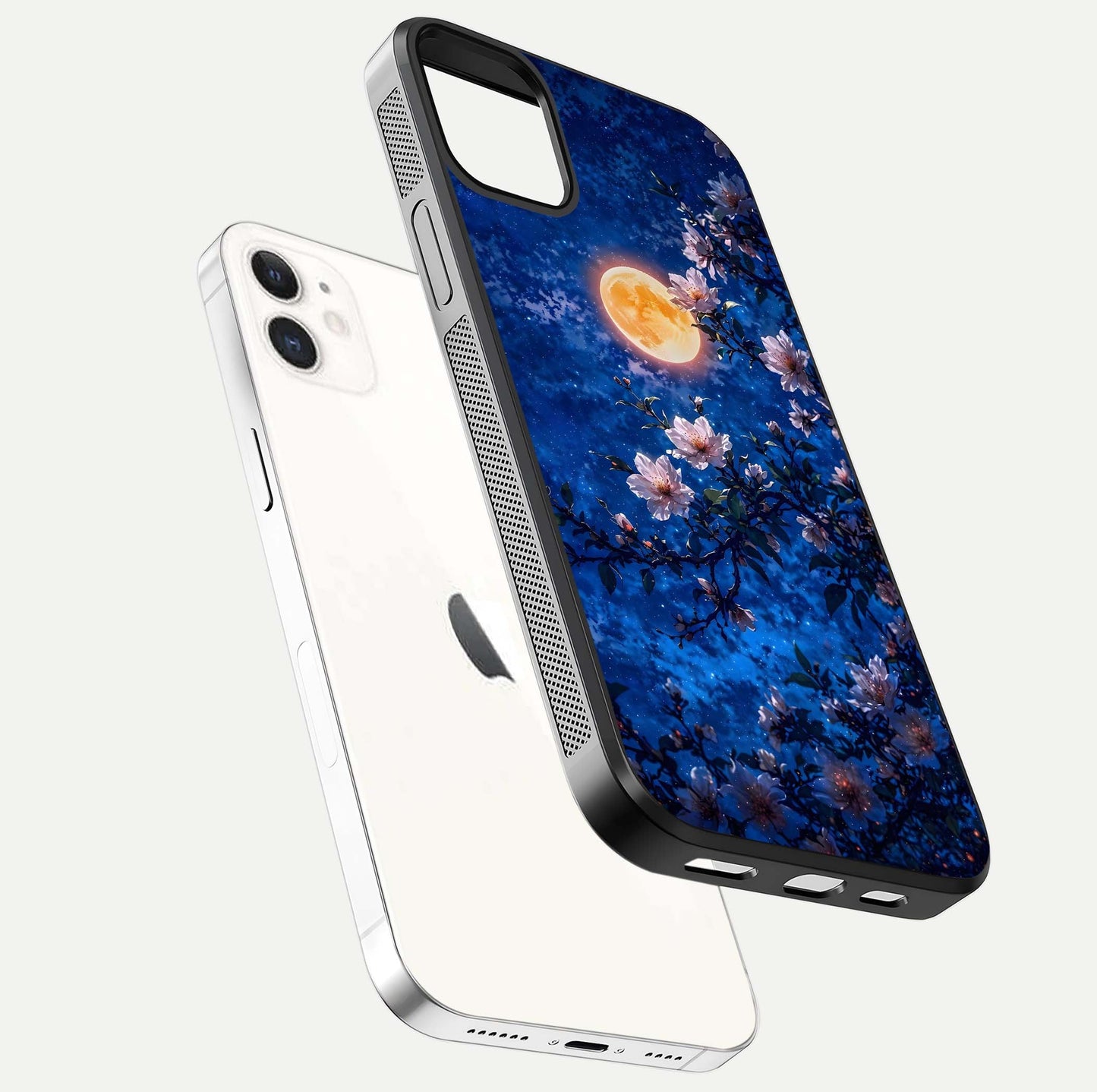 Moonlit Blossoms Night Glass Case for iphone-12 floating dual-view mockup showing HD gloss and floral contrast