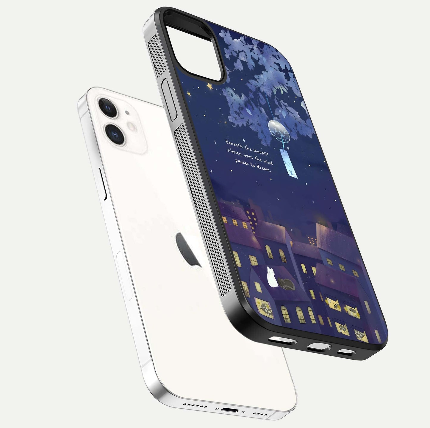 Moonlit Cat Silence Glass Case for iphone-12 floating dual-view mockup showing gloss reflection and moon art