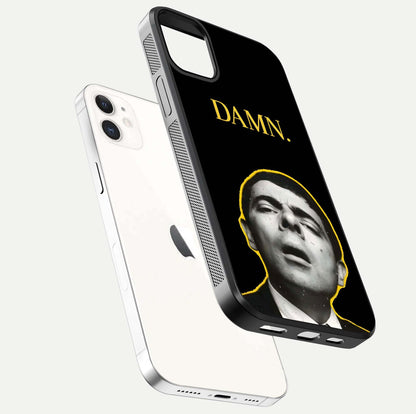 Mr Bean Damn Glass Case for iphone-12 floating dual-view mockup showing reflective gloss and vivid tones