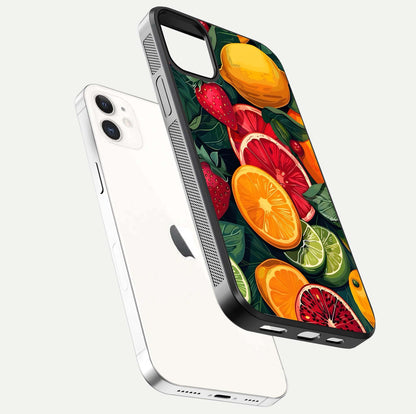 Multiple Fruits Glass Case for iphone-12 floating dual-view mockup showing reflection depth and freshness