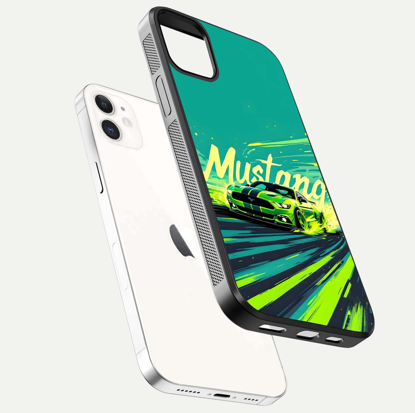 Mustang Bang Glass Case for iphone-12 floating dual-view mockup showing gloss depth and power design