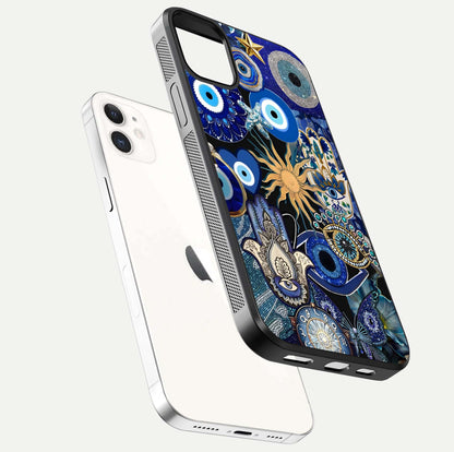 Mystic Blue Evil Eye Glass Case for iphone-12 floating dual-view mockup showing gloss depth and sacred symbol