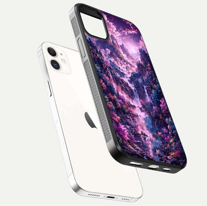 Mystic Cascade Peaks Glass Case for iphone-12 floating dual-view mockup showing gloss texture and depth