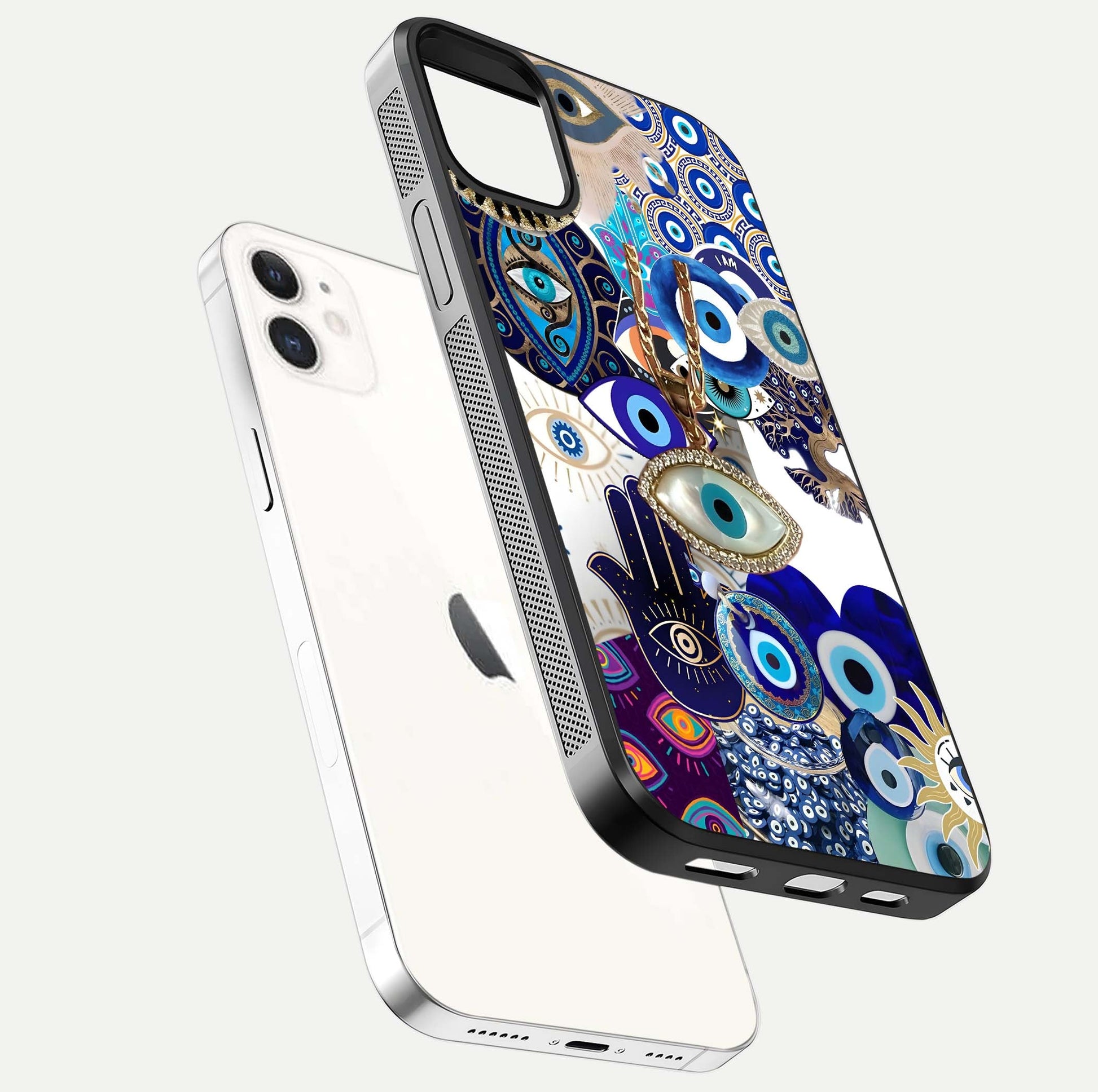 Mystic Charm Eye Glass Case for iphone-12 floating dual-view mockup showing gloss glow and charm symbol