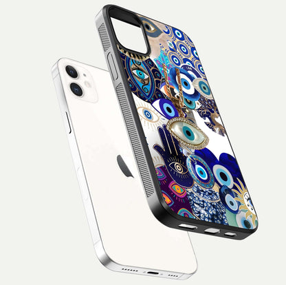 Mystic Charm Eye Glass Case for iphone-12 floating dual-view mockup showing gloss glow and charm symbol