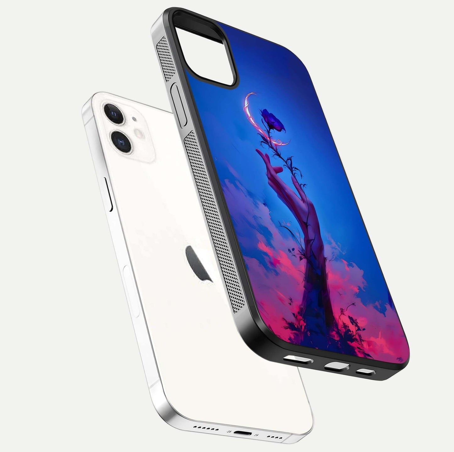 Mystic Hand Glass Case for iphone-12 floating dual-view mockup showing HD shine and fine palm detail