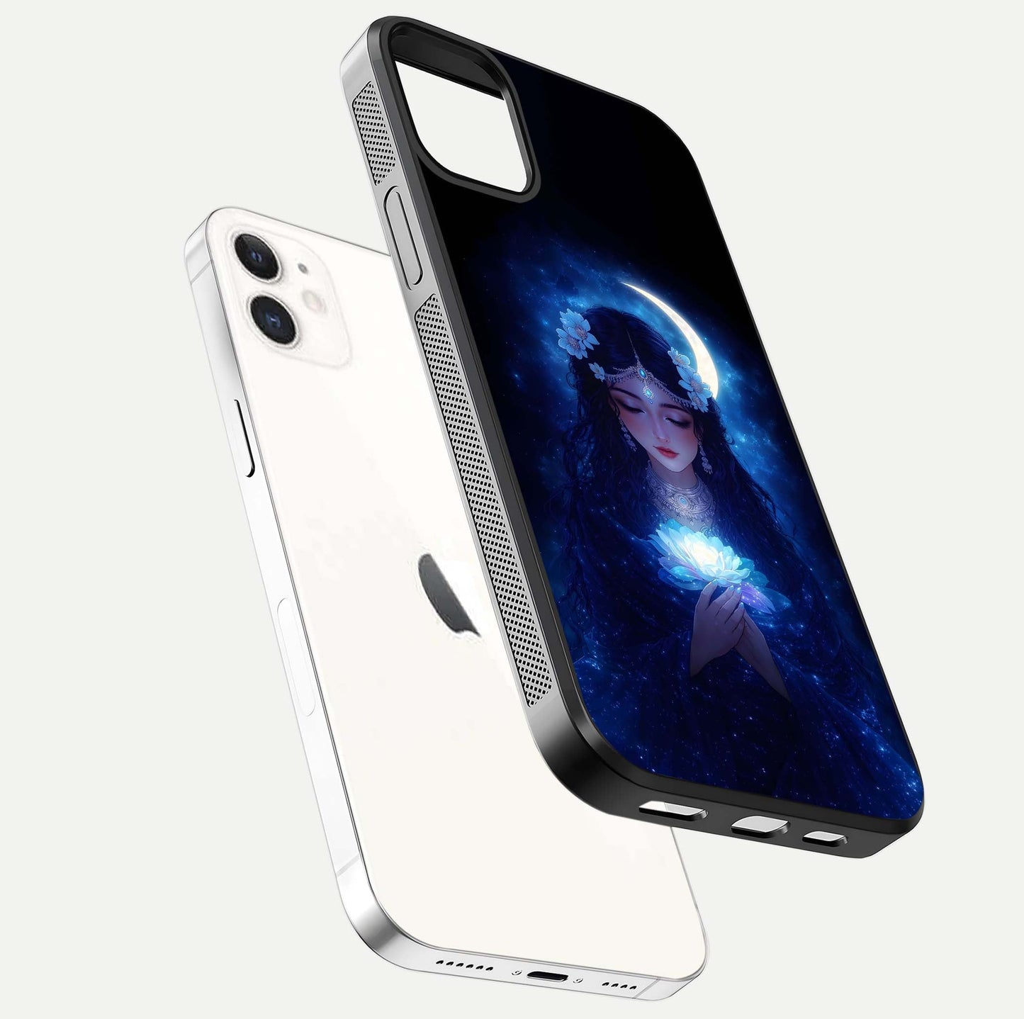 Mystic Moon Queen Glass Case for iphone-12 floating dual-view mockup showing HD gloss and cosmic glow