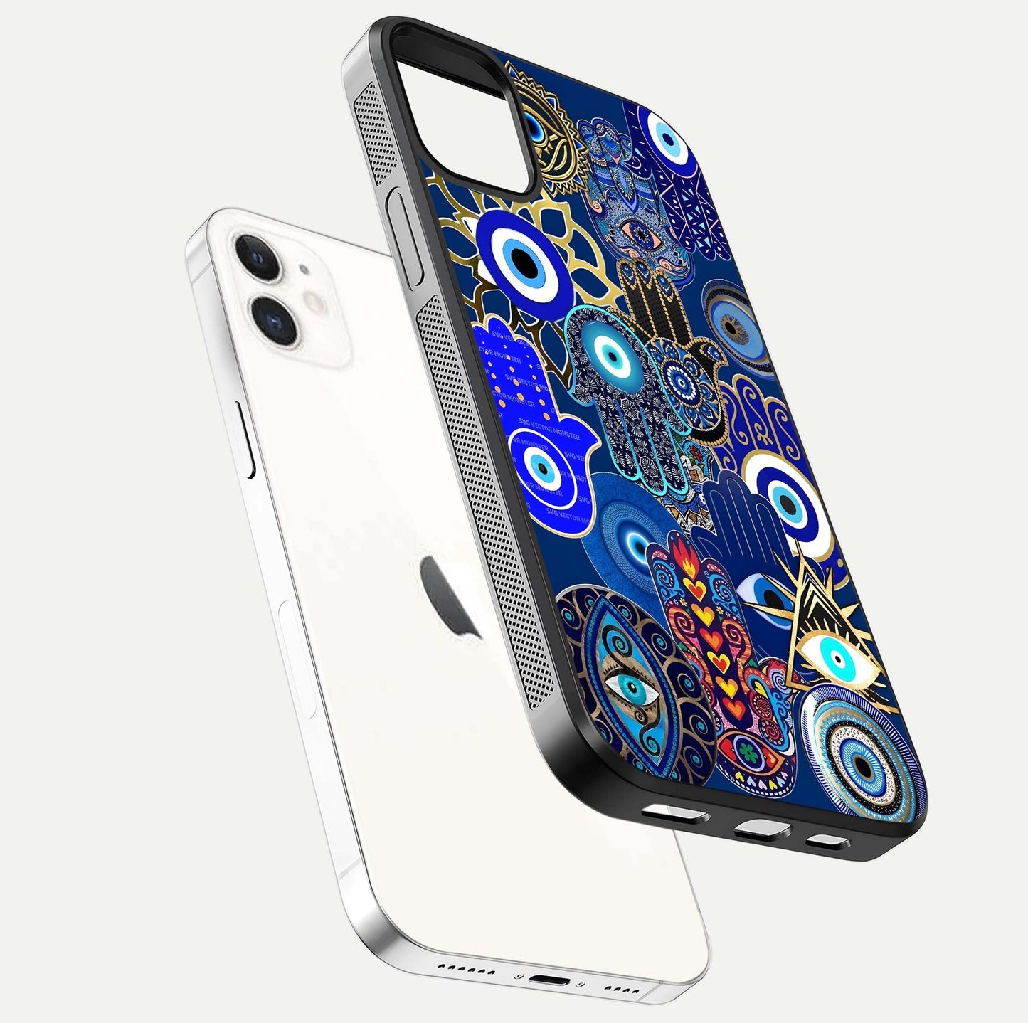 Mystic Palm Guard Glass Case for iphone-12 floating dual-view mockup showing HD reflection and vivid tone