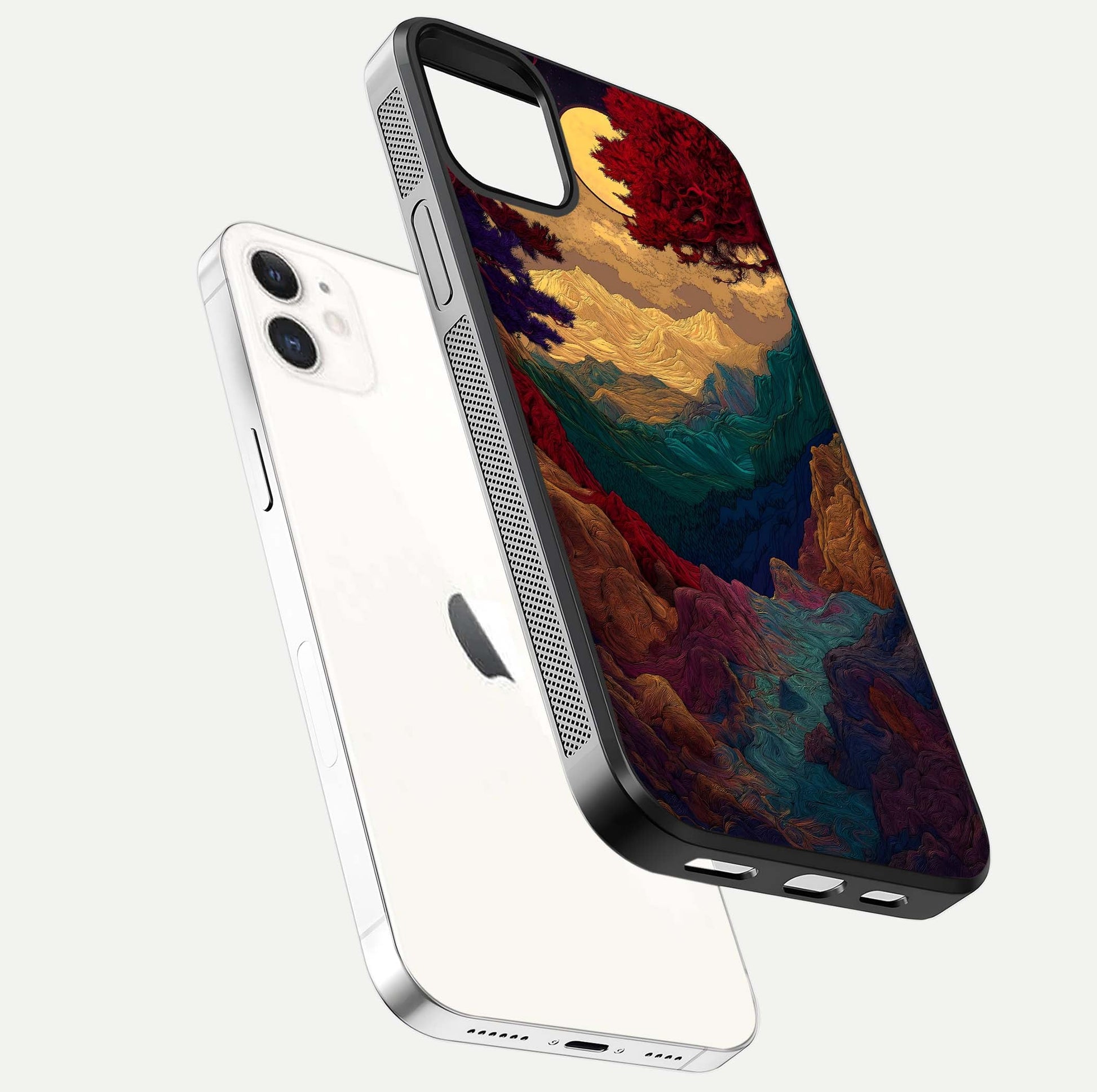 Mystic Valley Light Glass Case for iphone-12 floating dual-view mockup showing HD gloss and light blend