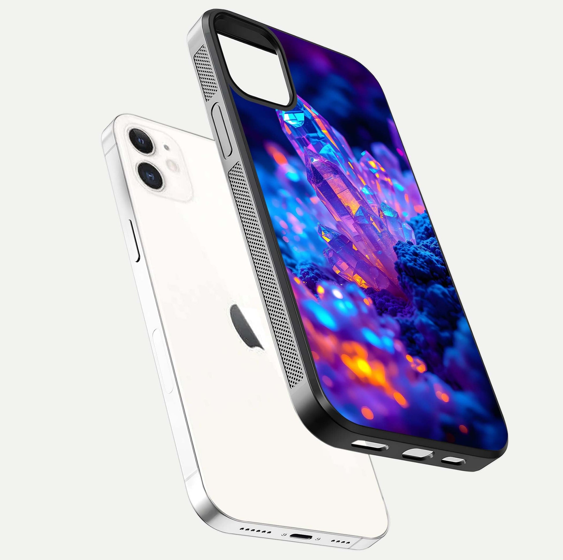 Neon Aura Shards Glass Case for iphone-12 floating dual-view mockup showing HD shine and shard texture