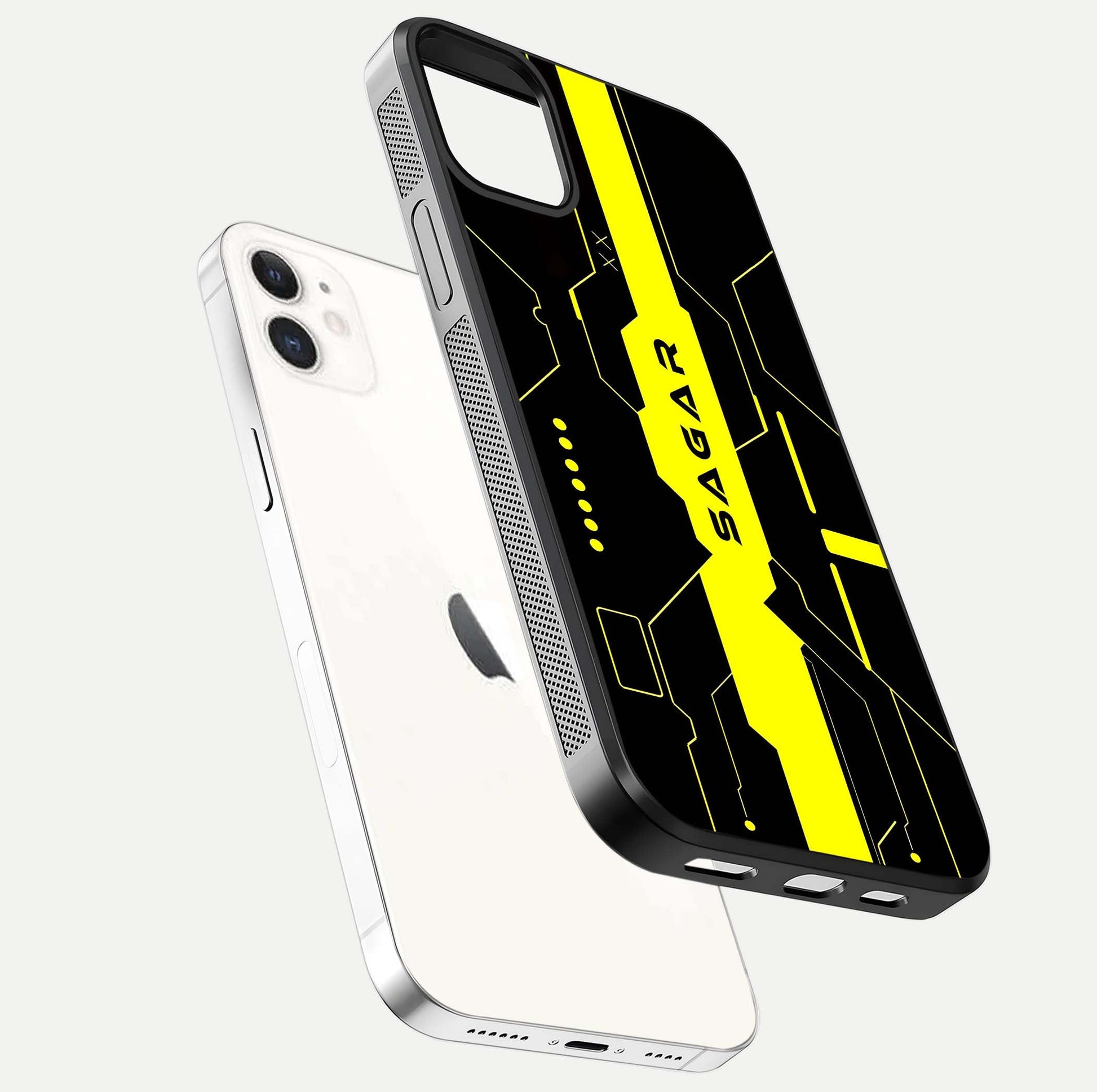 Neon CYBERPUNK Custom Name Glass Case for iphone-12 floating dual-view mockup showing HD shine and neon lines