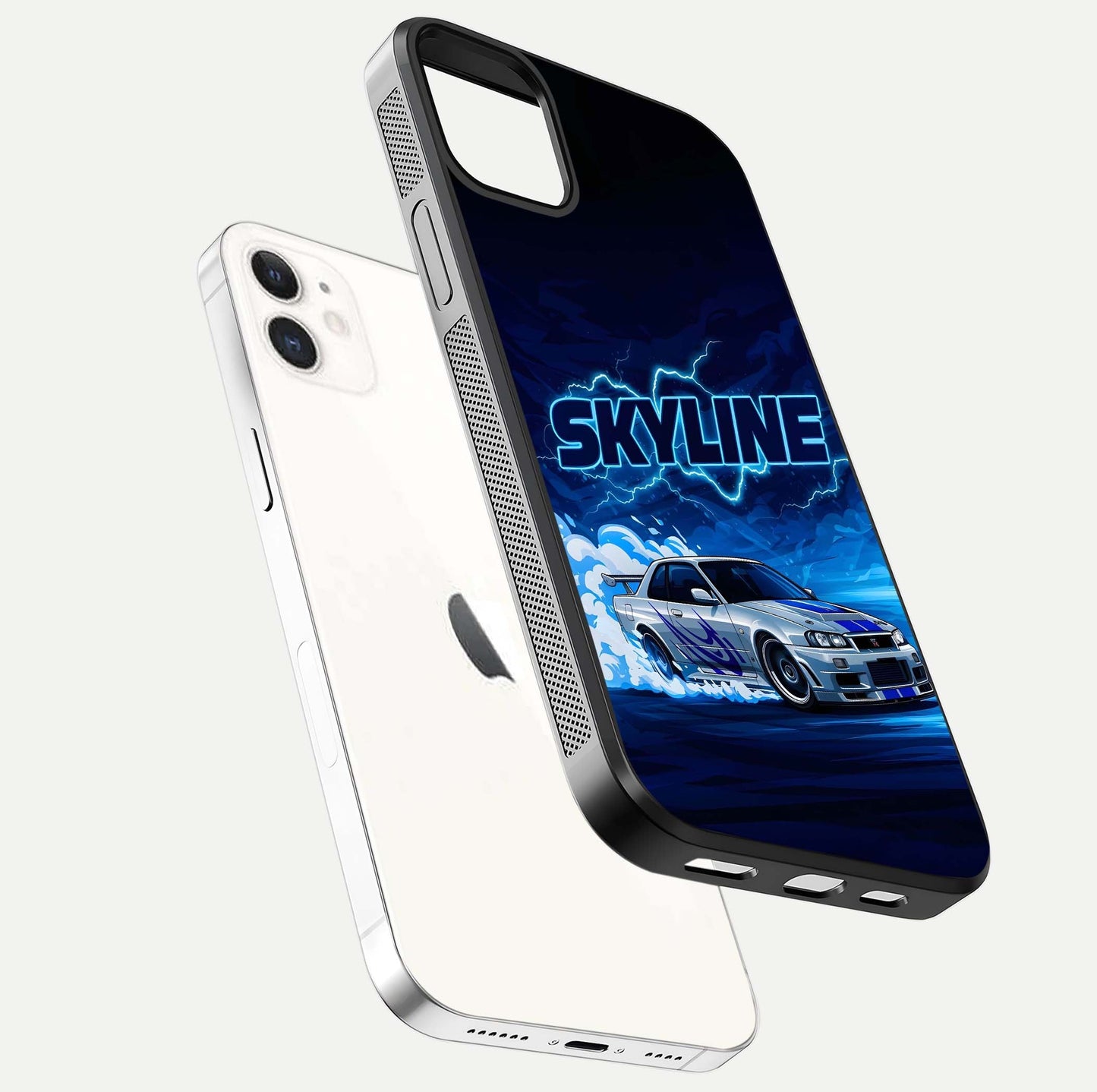 Neon Drift Beast Glass Case for iphone-12 floating dual-view mockup showing gloss texture and motion glow