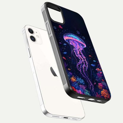 Neon Jellyfish Glass Case for iphone-12 floating dual-view mockup showing gloss texture and underwater glow
