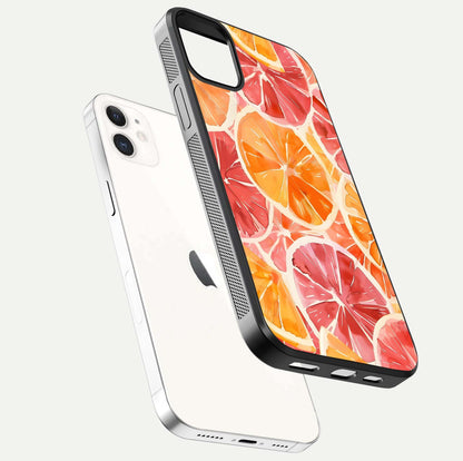 Orange Fruits Pattern Glass Case for iphone-12 floating dual-view mockup showing gloss reflection and HD tone
