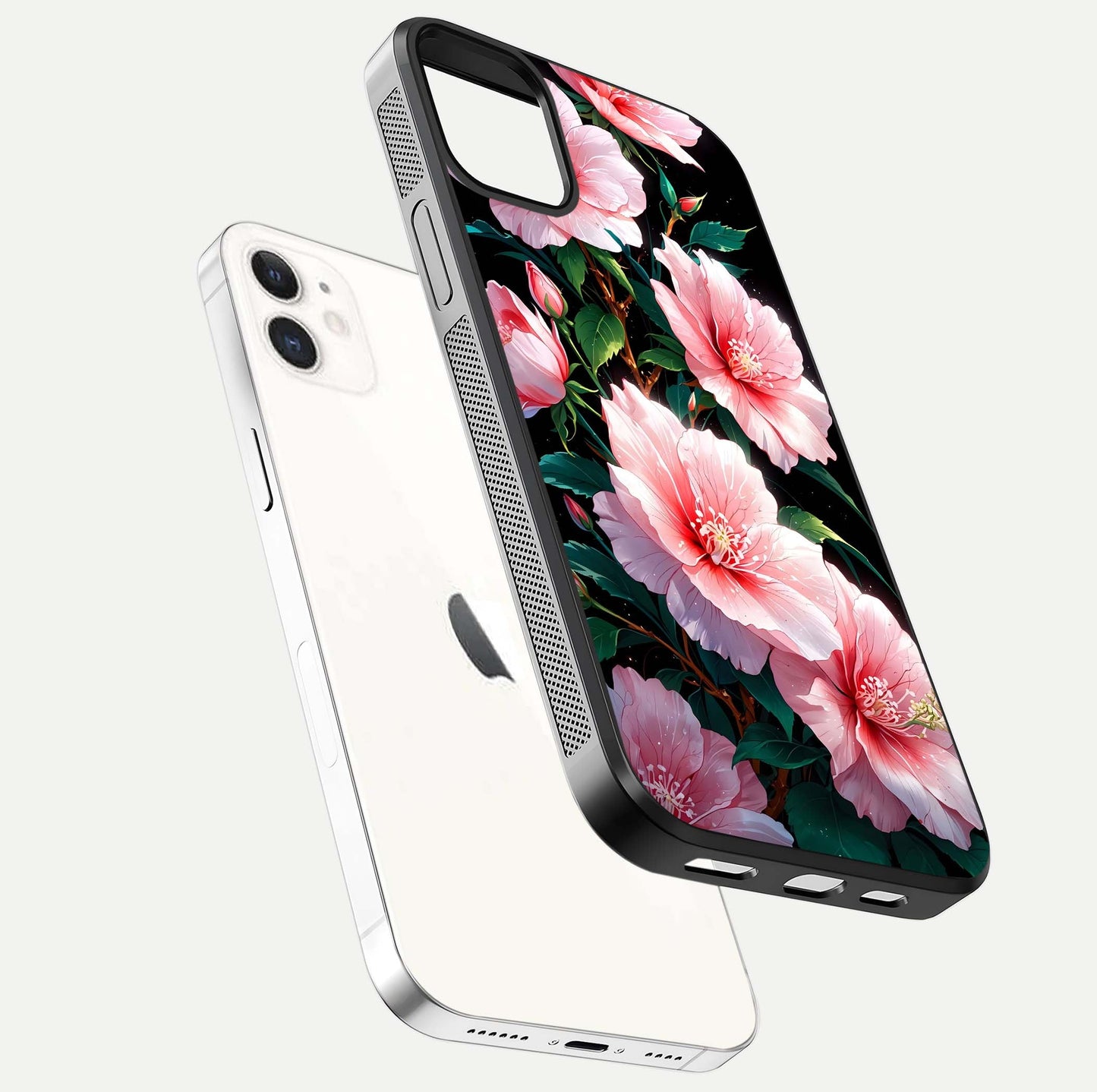 Peach Flower Glass Case for iphone-12 floating dual-view mockup displaying shine and delicate flower art
