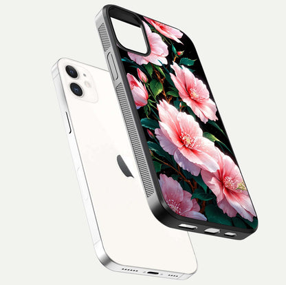 Peach Flower Glass Case for iphone-12 floating dual-view mockup displaying shine and delicate flower art