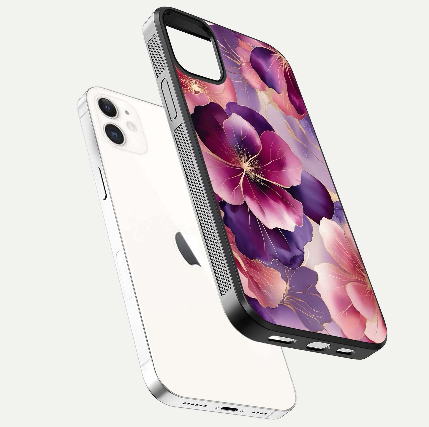 Pink Bouquet Florals Glass Case for iphone-12 floating dual-view mockup showing gloss surface and color depth