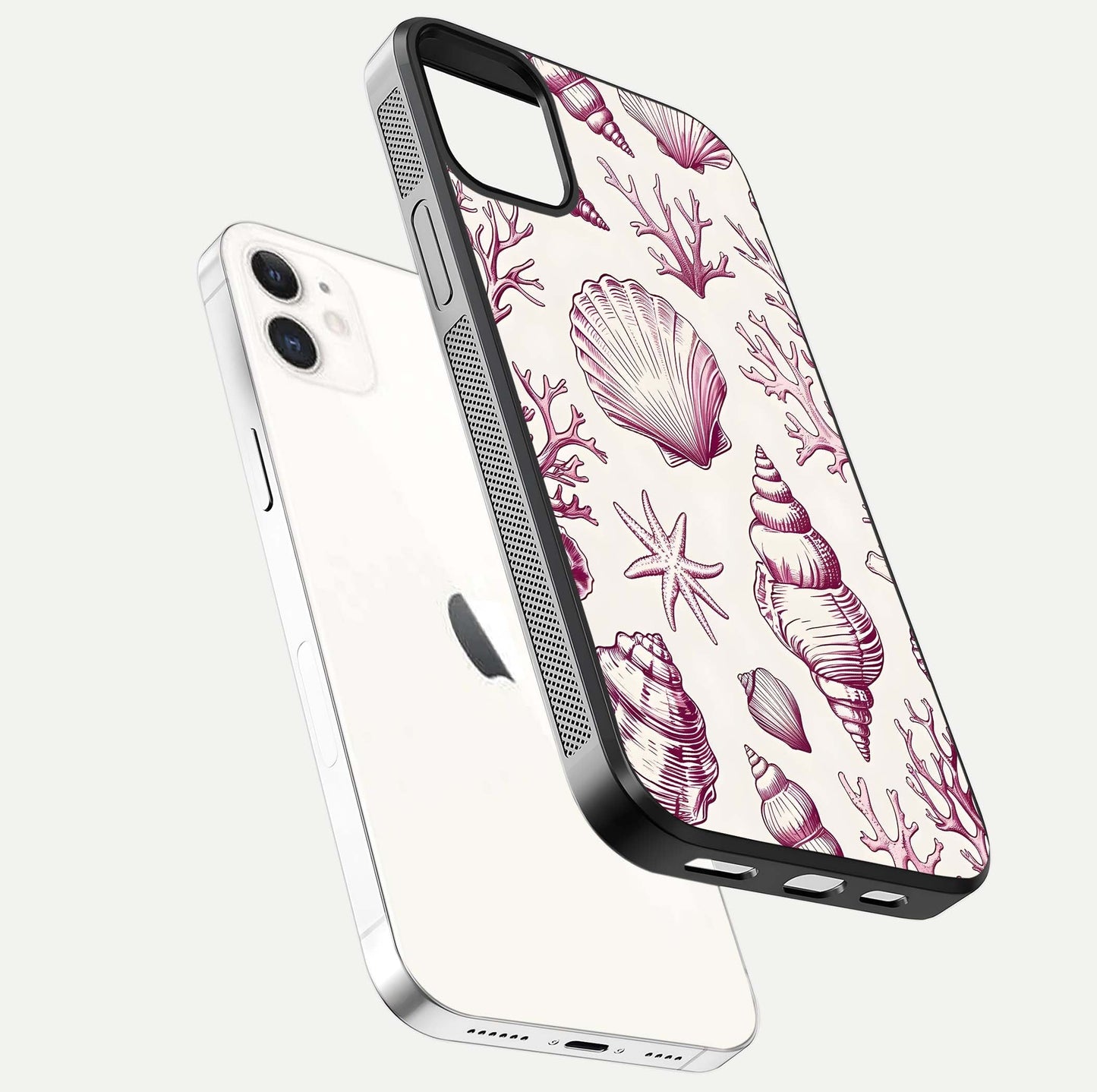 Pink Shells Outline Glass Case for iphone-12 floating dual-view mockup displaying gloss and ocean vibe