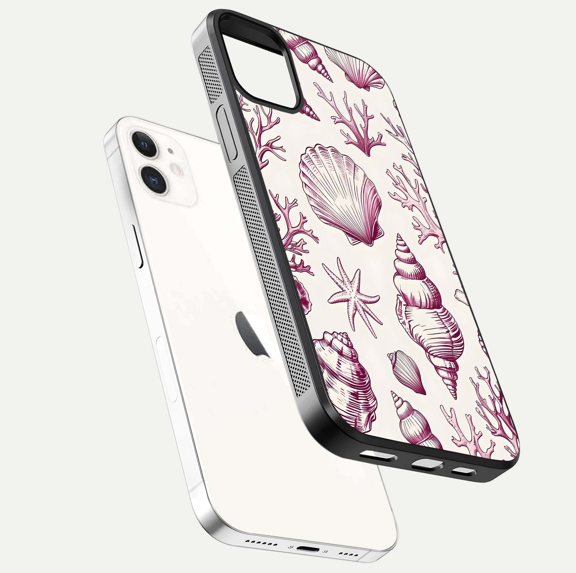 Pink Shells Outline Glass Case for iphone-12 floating dual-view mockup displaying gloss and ocean vibe