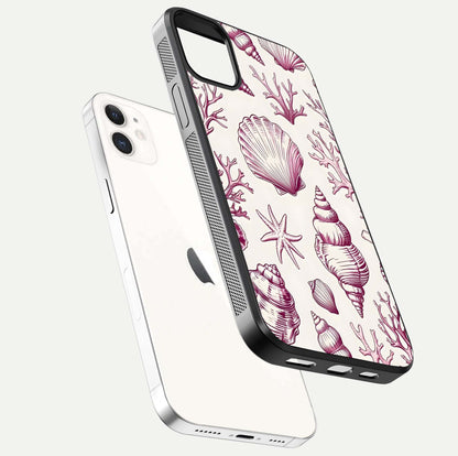 Pink Shells Outline Glass Case for iphone-12 floating dual-view mockup displaying gloss and ocean vibe