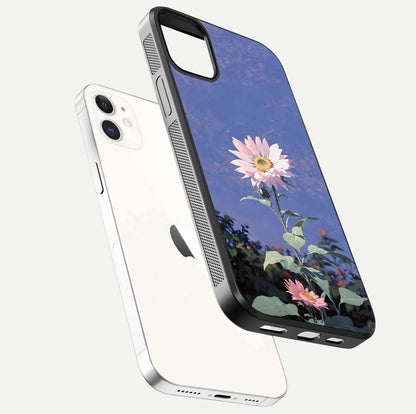 Pink Sunflower Glow Glass Case for iphone-12 floating dual-view mockup showing gloss reflection and design depth