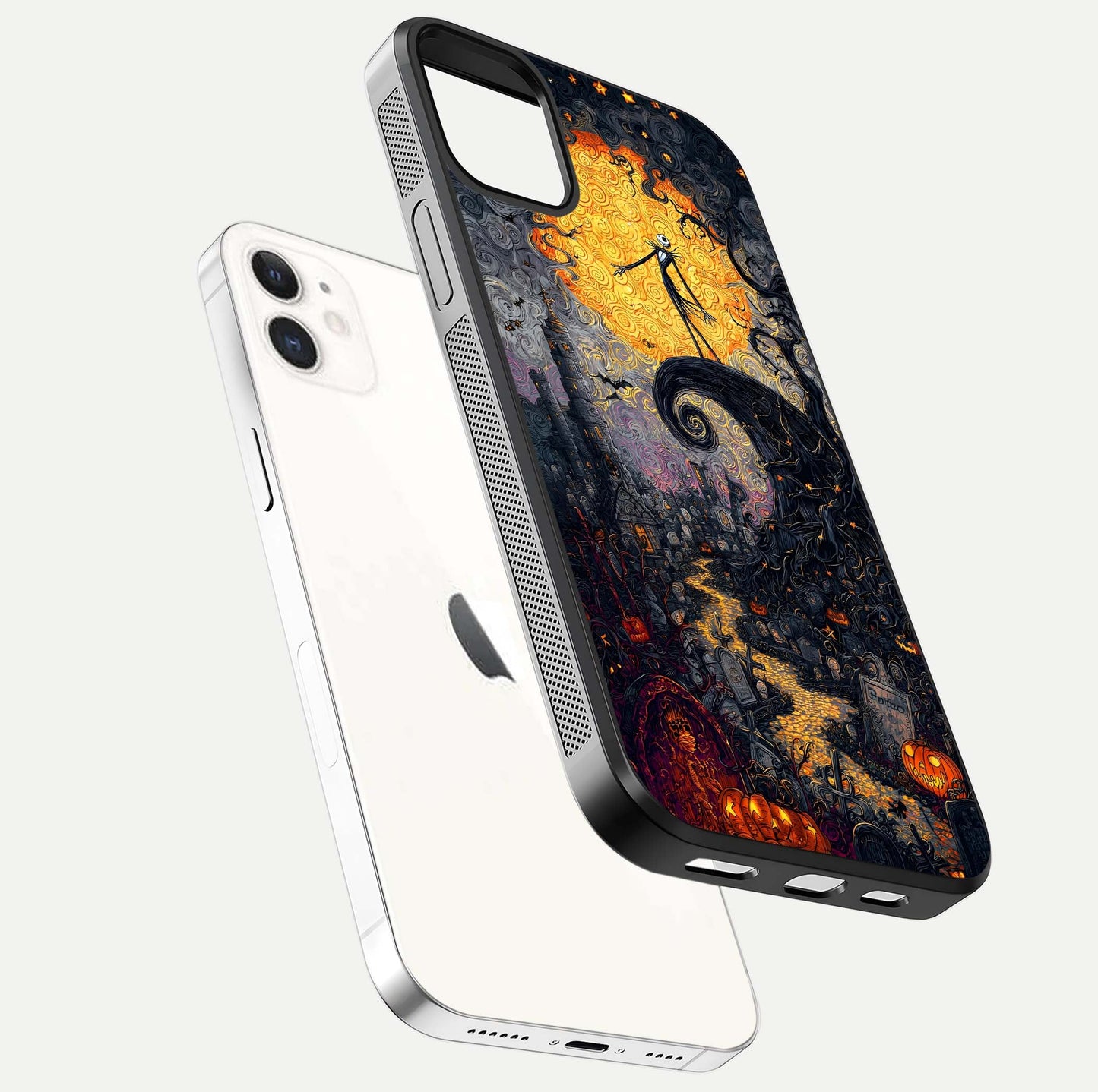 Pumpkin Moon Night Glass Case for iphone-12 floating dual-view mockup showing HD gloss and spooky detail