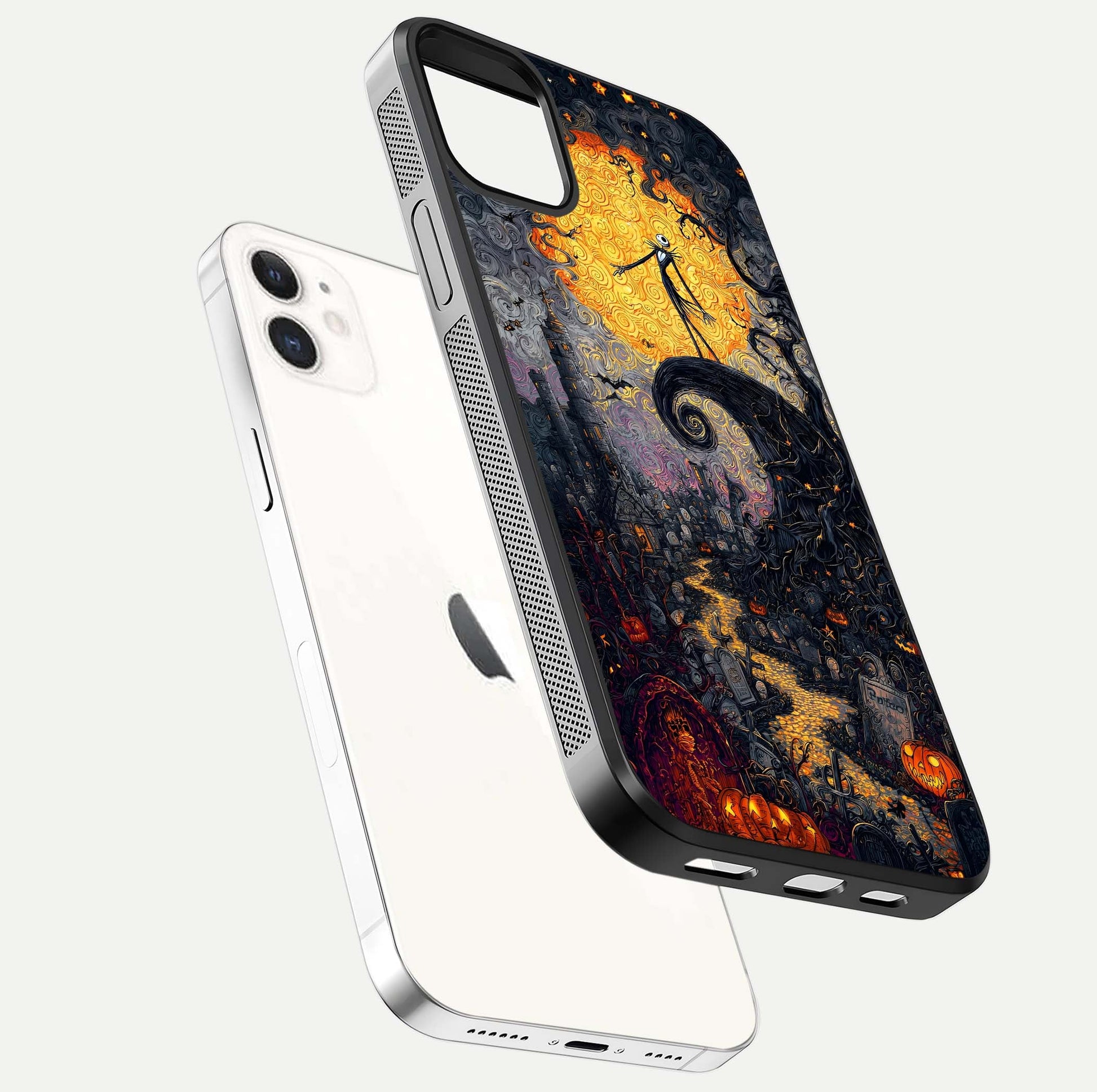 Pumpkin Moon Night Glass Case for iphone-12 floating dual-view mockup showing HD gloss and spooky detail