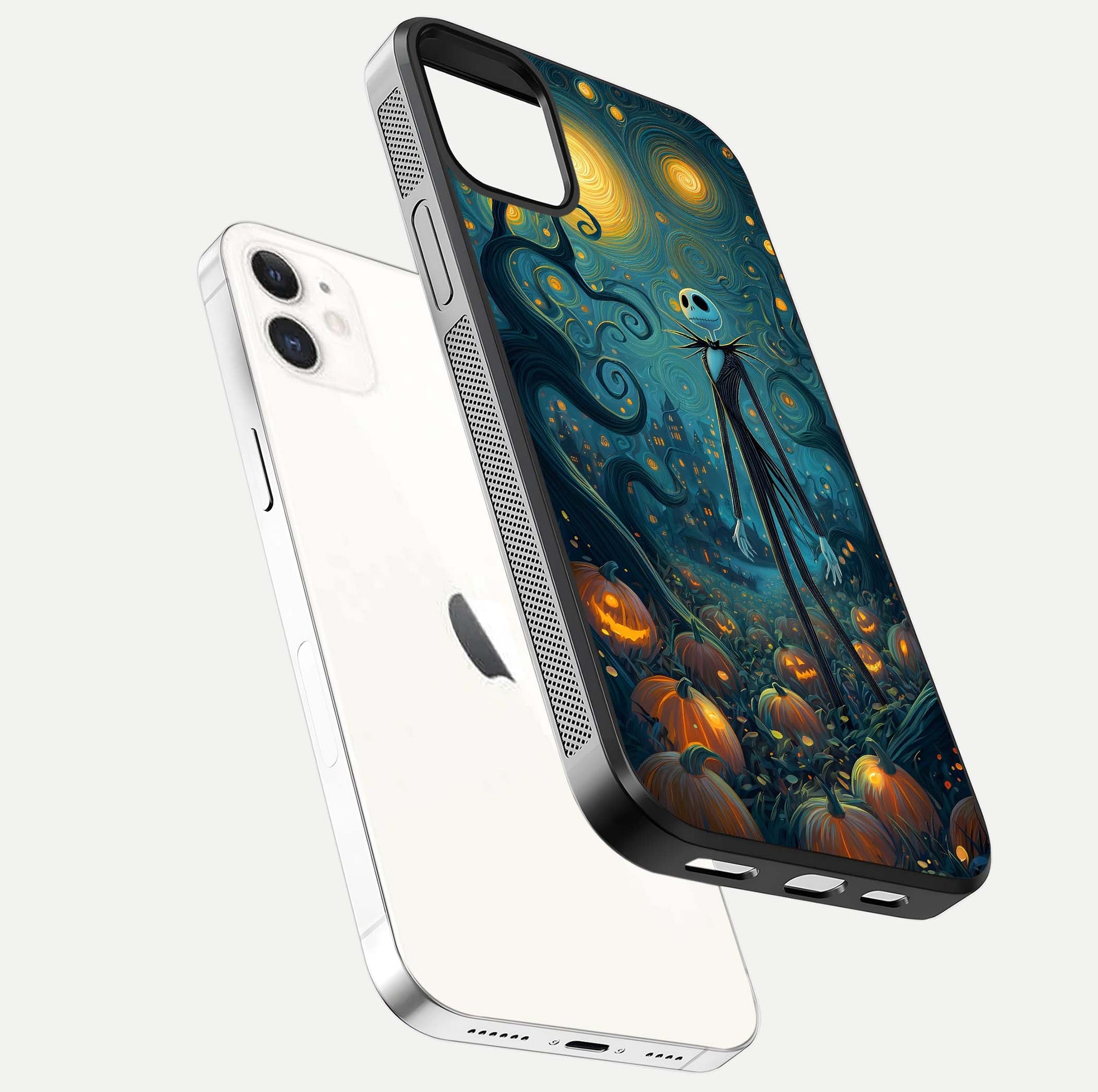 Pumpkin Moonlight Tale Glass Case for iphone-12 floating dual-view mockup showing HD gloss and eerie design