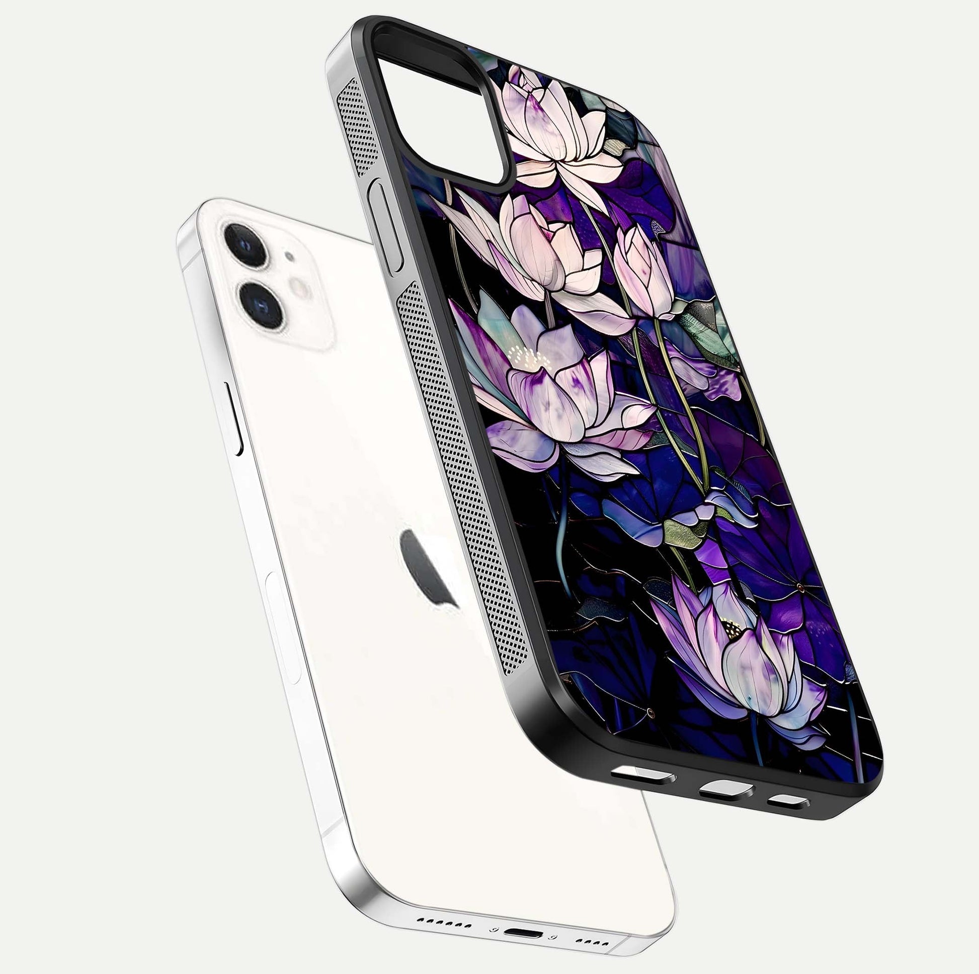 Purple Lotus Pattern Glass Case for iphone-12 floating dual-view mockup showing glass shine and vivid purple hue