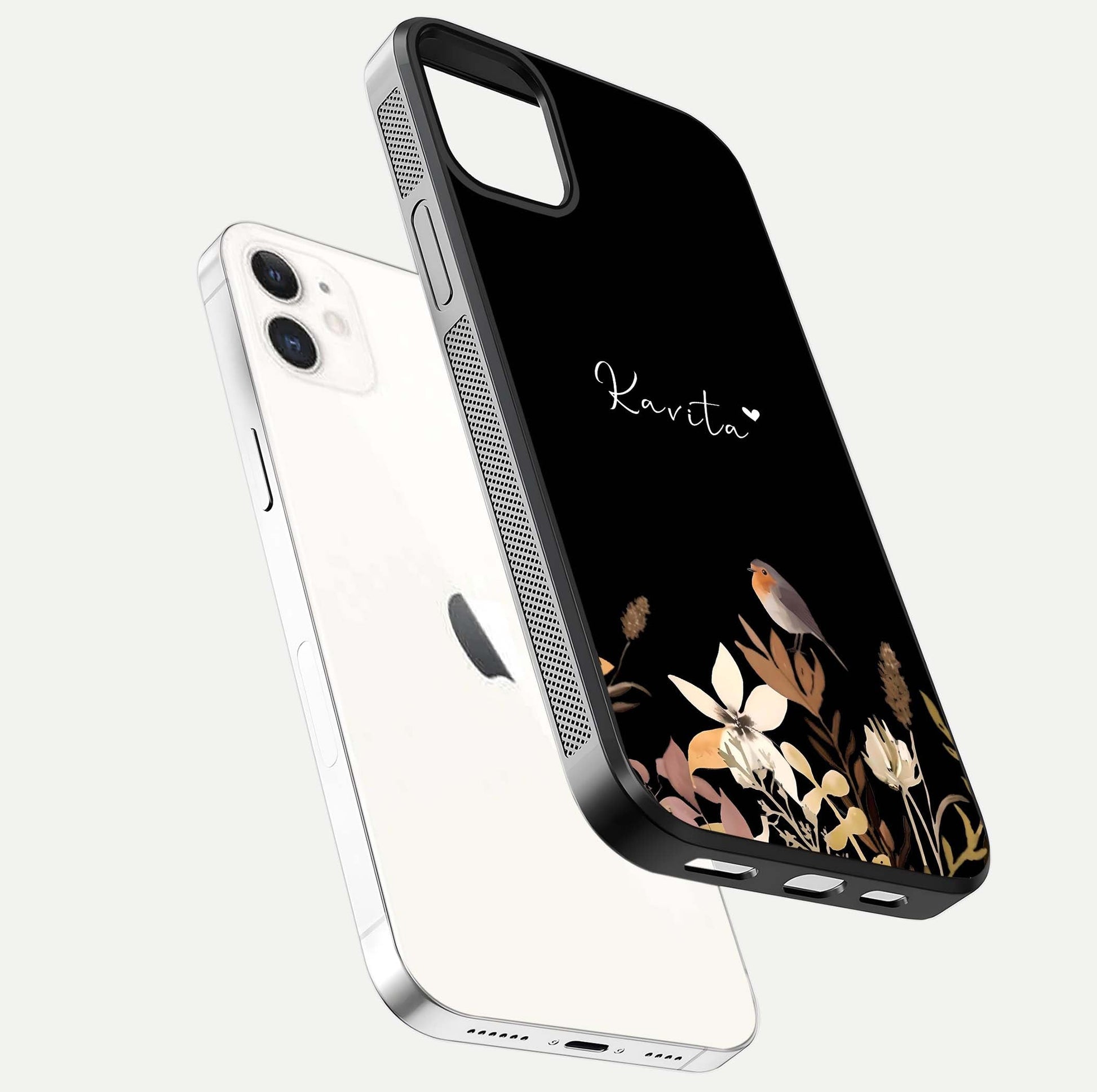 Quiet Garden Tune Custom Name Glass Case for iphone-12 floating dual-view mockup showing gloss and elegant detail
