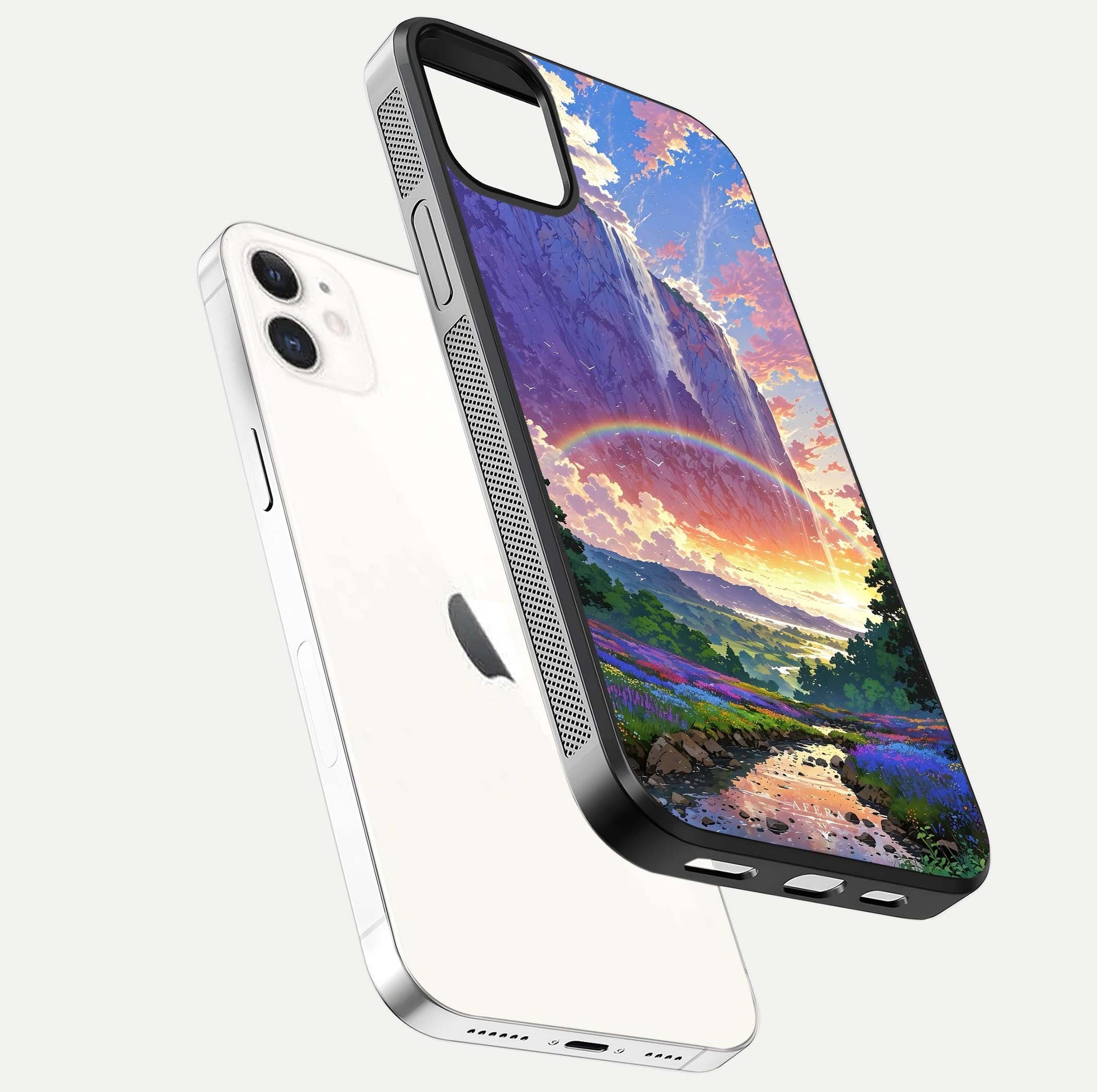 Rainbow Valley Dream Glass Case for iPhone 16 Pro floating dual-view mockup showing gloss texture and dream vibe