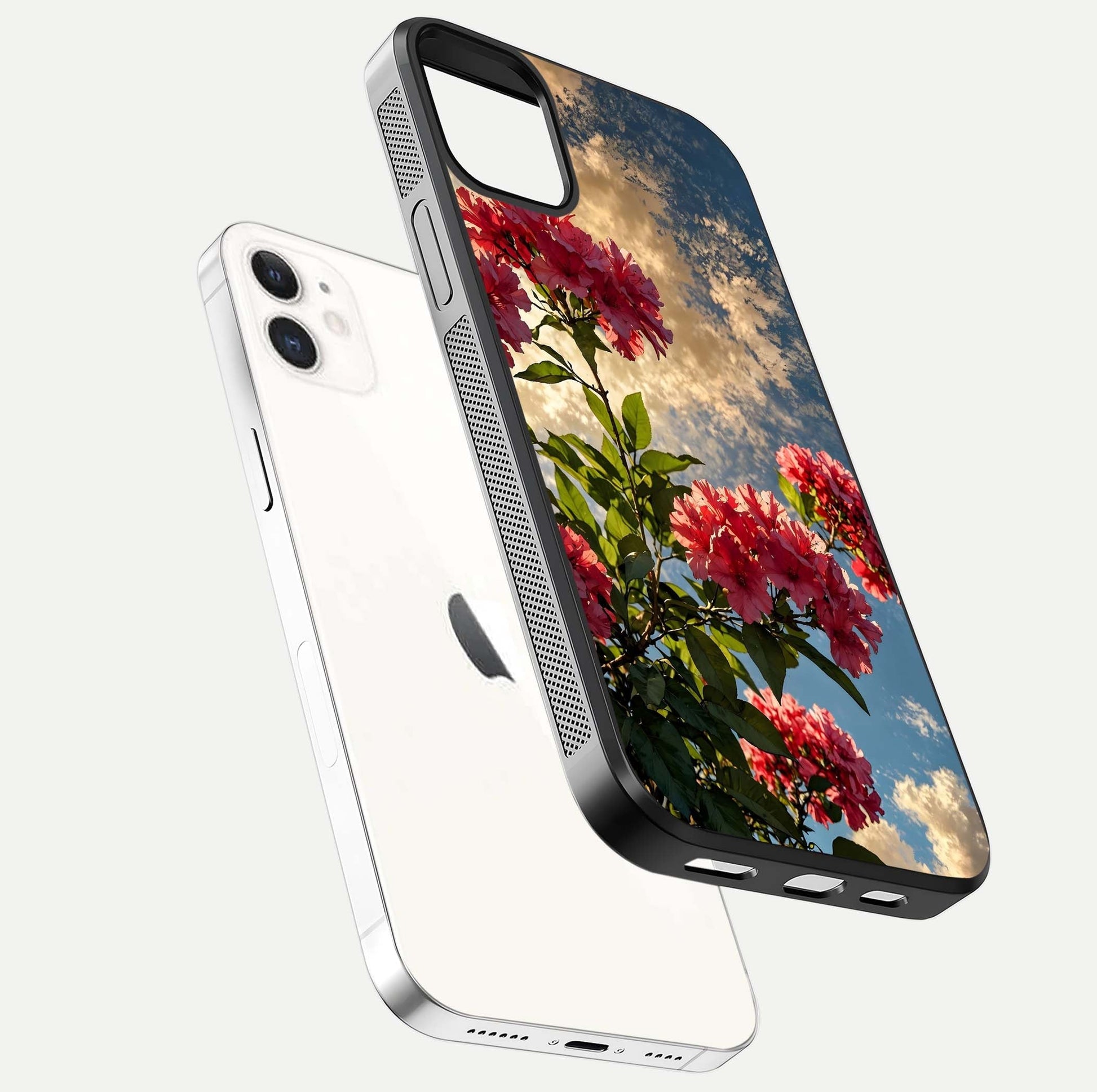Red Bloom Skies Glass Case for iphone-12 floating dual-view mockup showing glass gloss and floral pattern