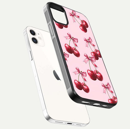 Red Cherries Pattern Glass Case for iphone-12 floating dual-view mockup showing gloss and color contrast