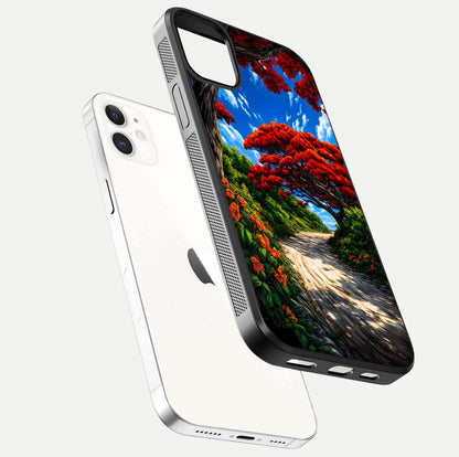 Red Trees Pathway Glass Case for iphone-12 floating dual-view mockup displaying gloss texture and print depth