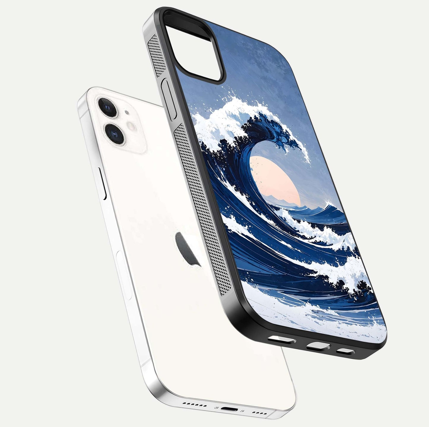 Rising Tide Power Glass Case for iphone-12 floating dual-view mockup displaying gloss texture and flow pattern