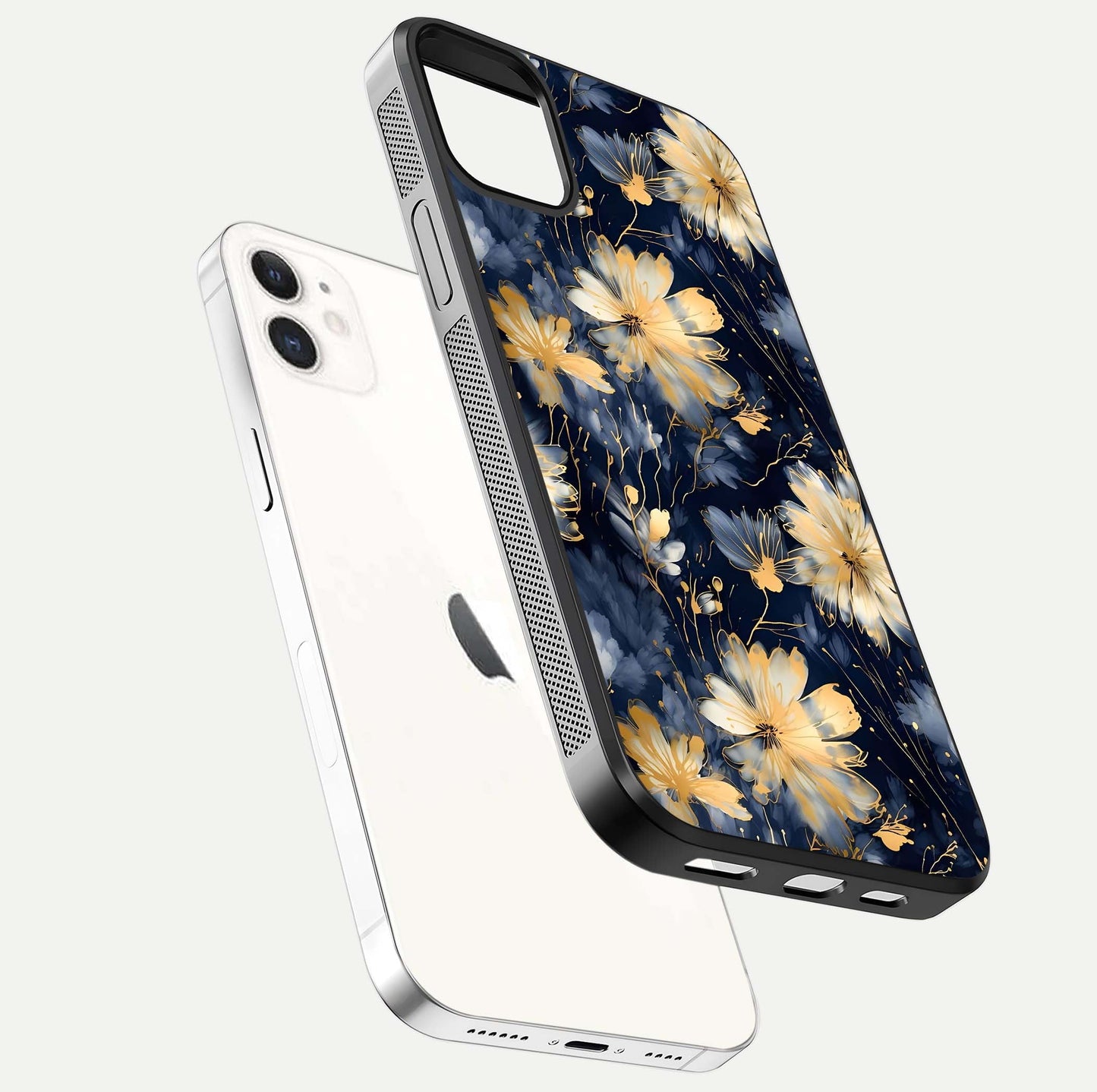 Royal Petal Dream Glass Case for iphone-12 floating dual-view mockup displaying gloss reflection and tone contrast