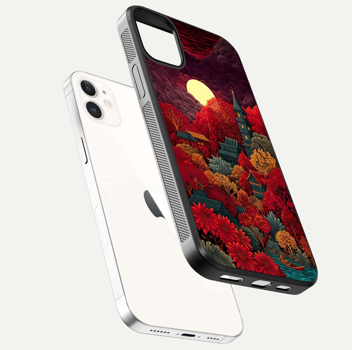Scarlet Autumn Temple Glass Case for iphone-12 floating dual-view mockup displaying gloss shine and autumn tones